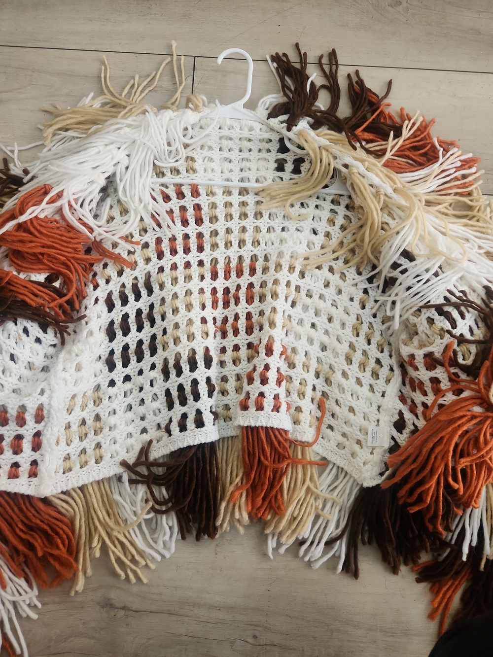 Fringed Multicolor Open-Front Jacket - White/Tan/Rust - Picture 4 of 5
